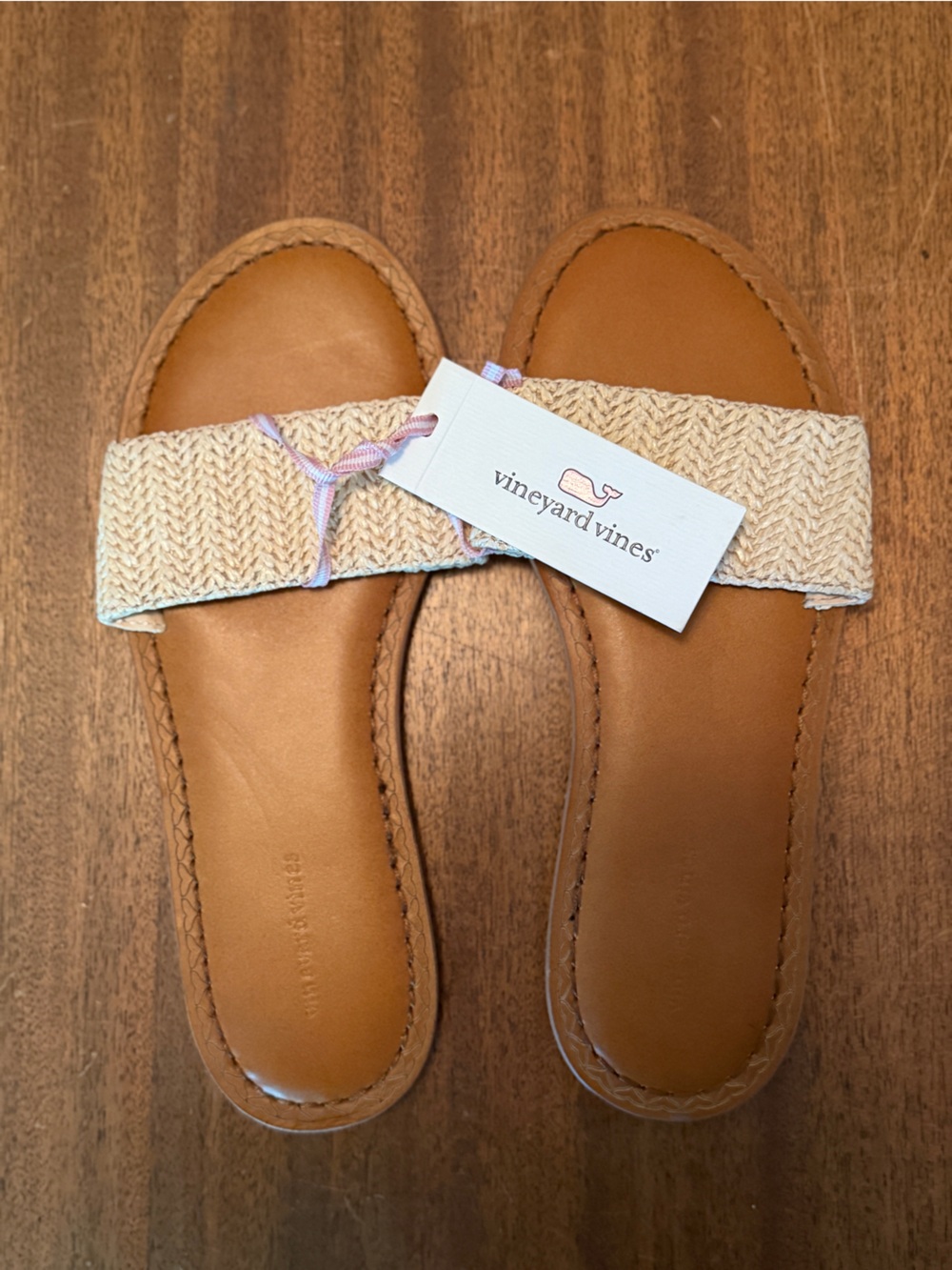 NWT Vineyard Vines Cappuccino Leather & Woven Jute Slide Sandals, Size 8